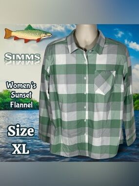 SIMMS Women’s Sunset Flannel Seafoam Buffalo Plaid Button Down Size Large